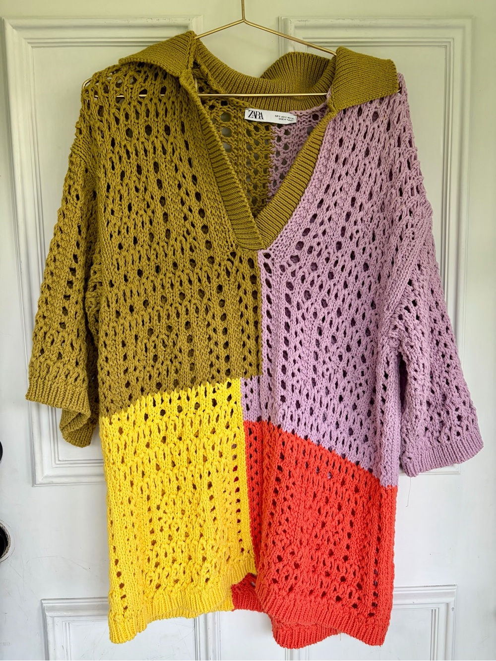 Zara Colorblock Open-Knit Hooded Sweater in Olive, Lilac, Yellow, Red